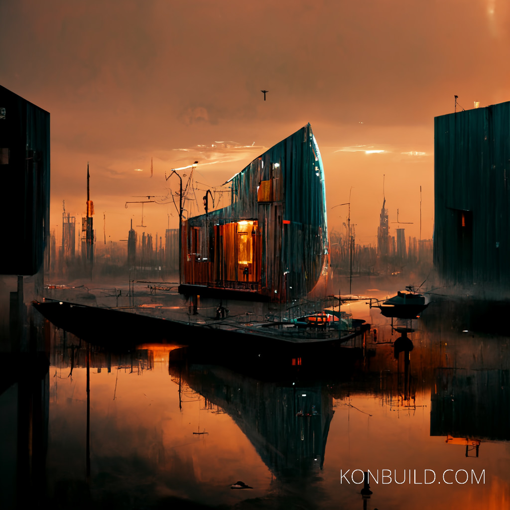 A large container home built with a dock over the ocean.