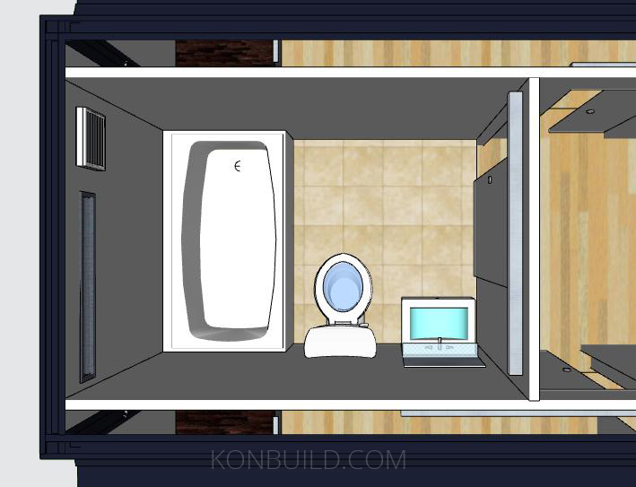 Bathroom of a top view container home.