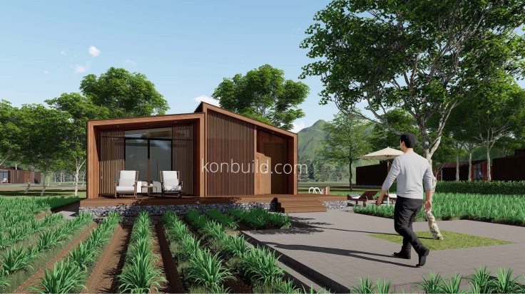 A prefabricated Wooden villa, utilizing fast construction techniques.