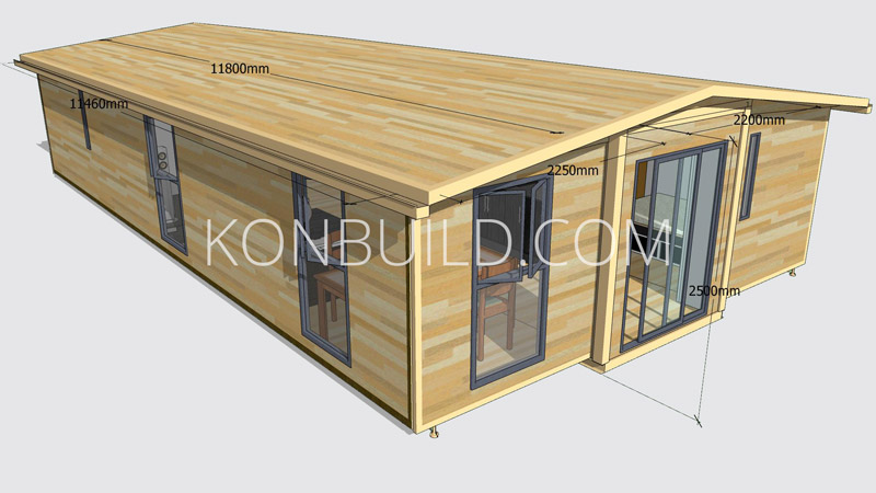A large shipping container home. Wood textured exterior.