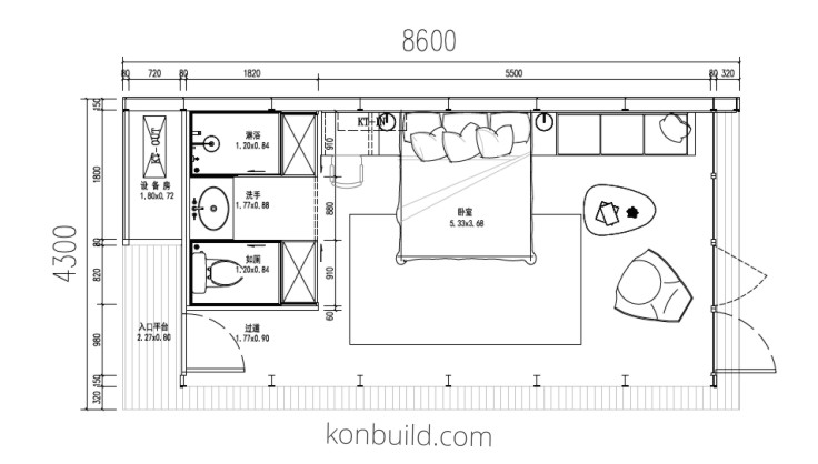 The size of a guest house prefabricated in China using modular construction. This is the black and white floor plan.