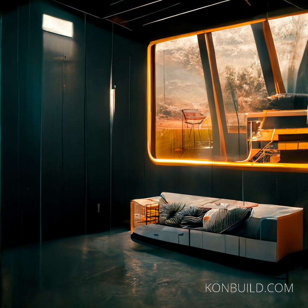 A large window over an abstract couch. Dark interior.