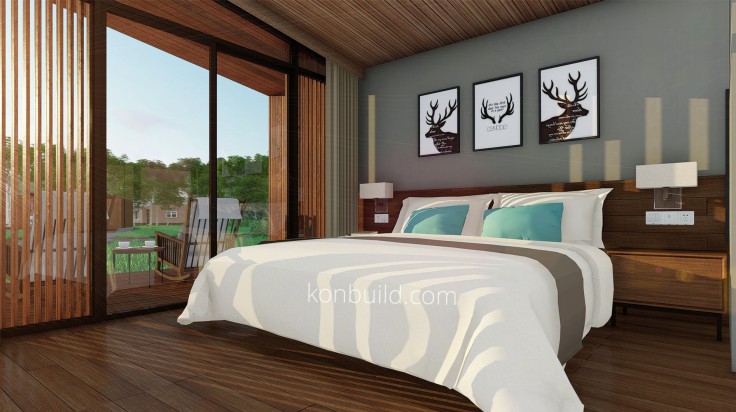 The interior of a prefabricated resort building.